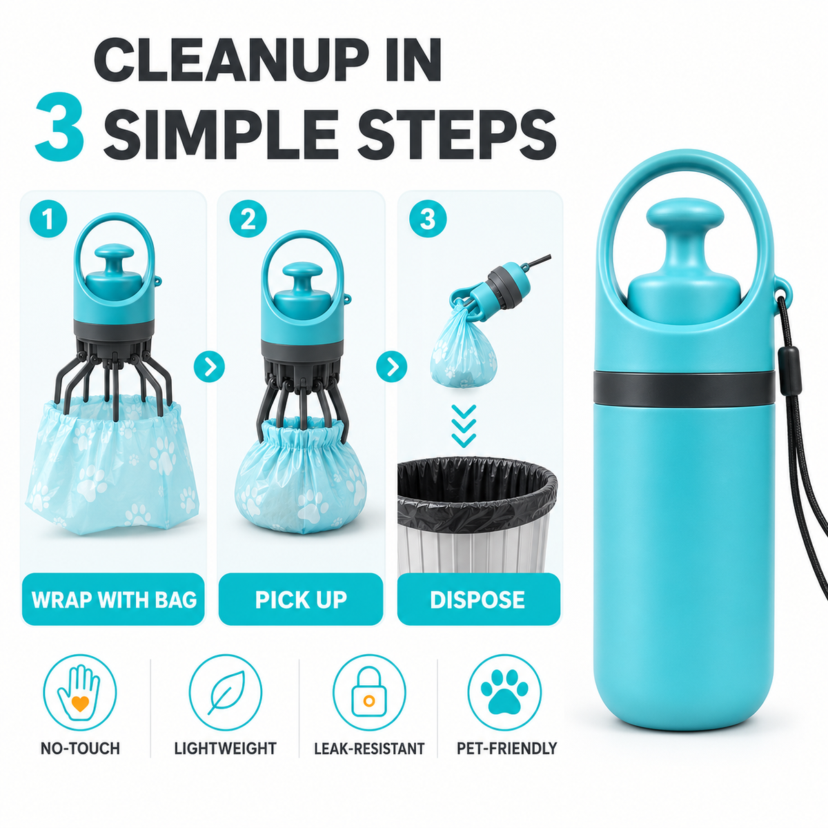 PackHound 8-Claw Dog Pooper Scooper with Built-In Bag Dispenser